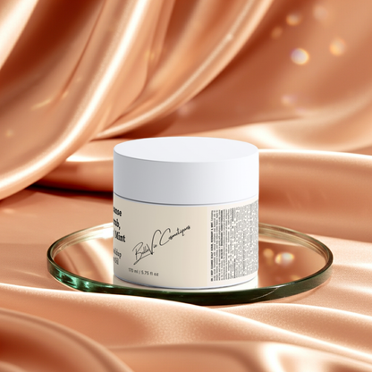 White jar with a label on a glass stand against a satin fabric background