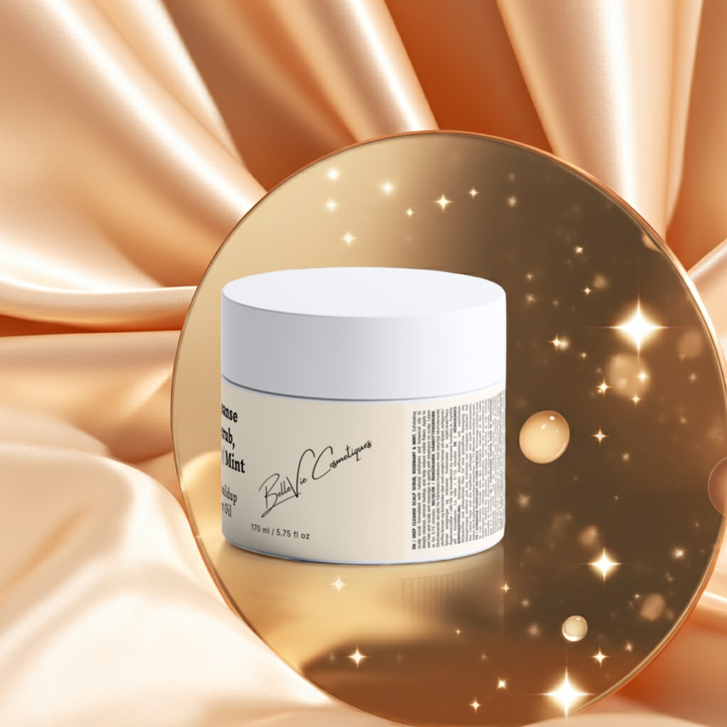 White jar with a gold circular frame on a beige fabric background