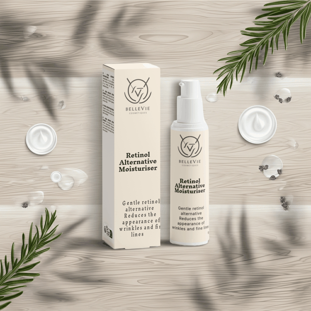 Retinol Alternative Moisturiser in a cream-coloured pump bottle with matching box, featuring minimalist black text and logo