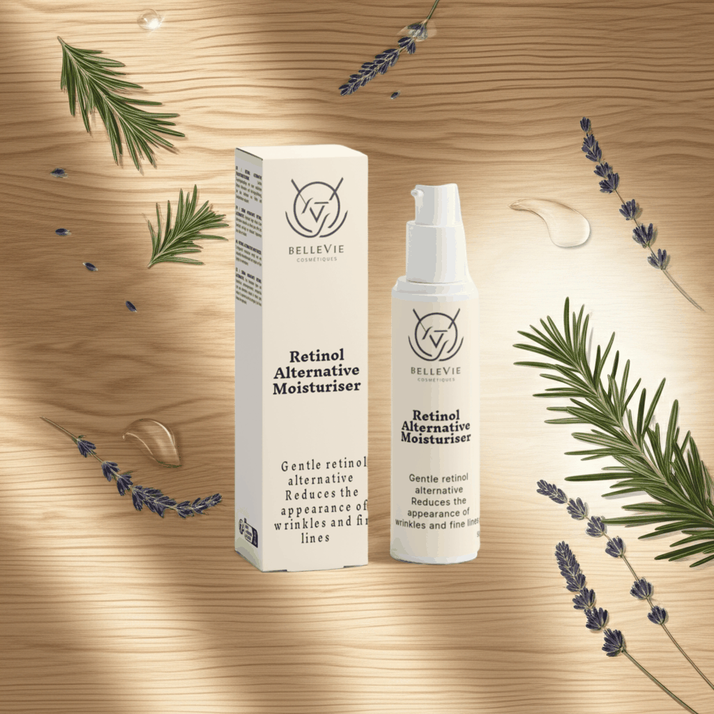 Retinol Alternative Moisturiser in an ivory pump bottle with matching carton, featuring black text and minimalist branding.