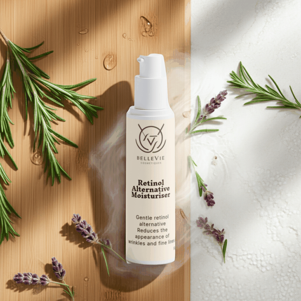 Retinol Alternative Moisturiser in a white pump bottle, with brown lettering and a minimalist botanical label