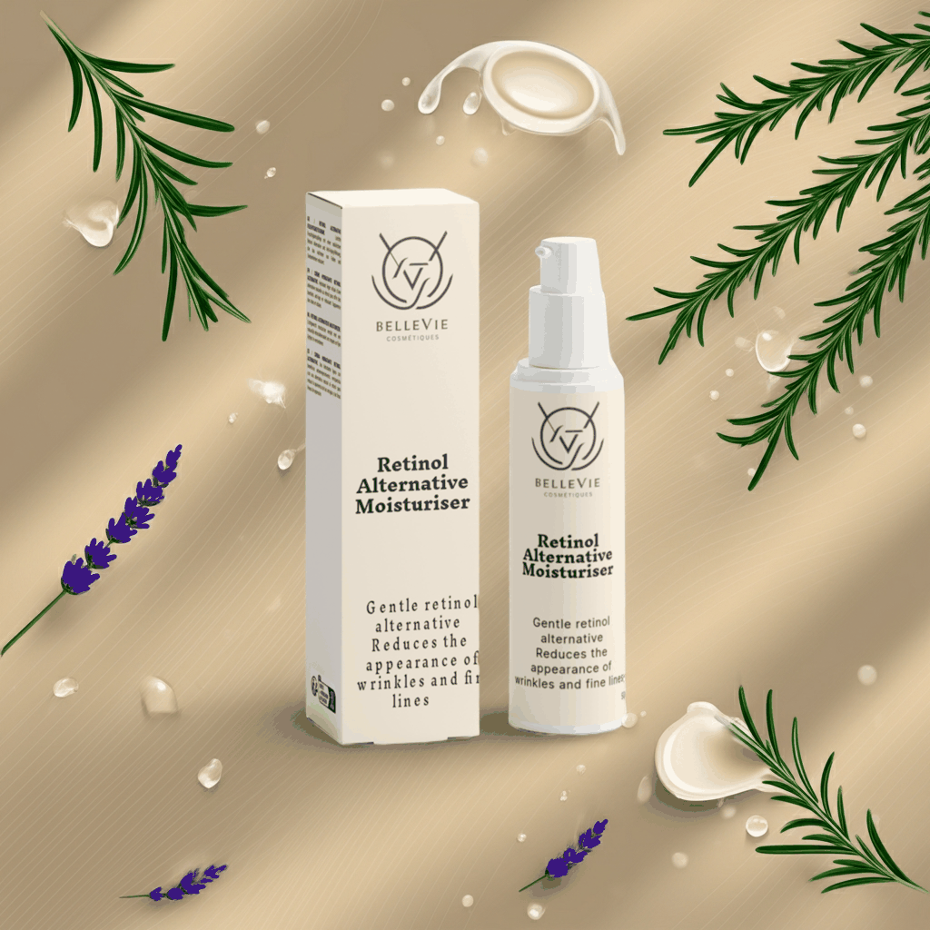 Retinol Alternative Moisturiser in a white pump bottle with matching cream-coloured box and botanical label