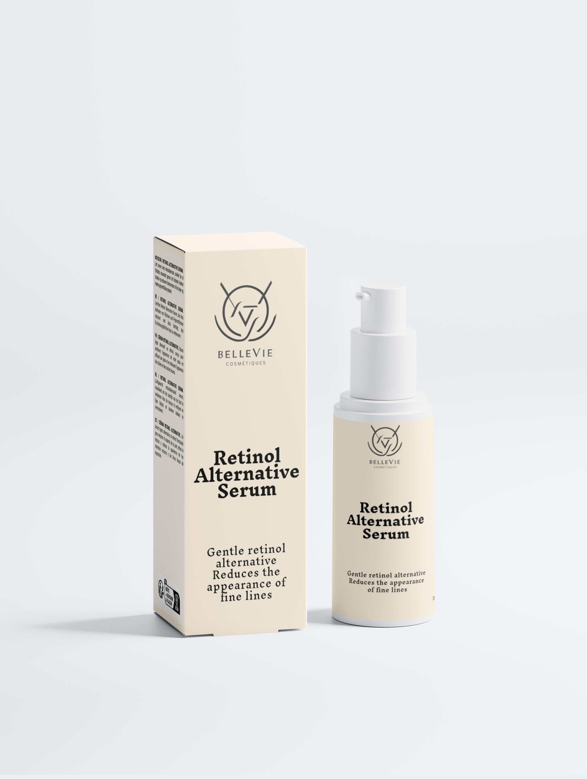 Retinol Alternative Serum in a cream-coloured box and matching pump bottle, with black label text and minimalist branding