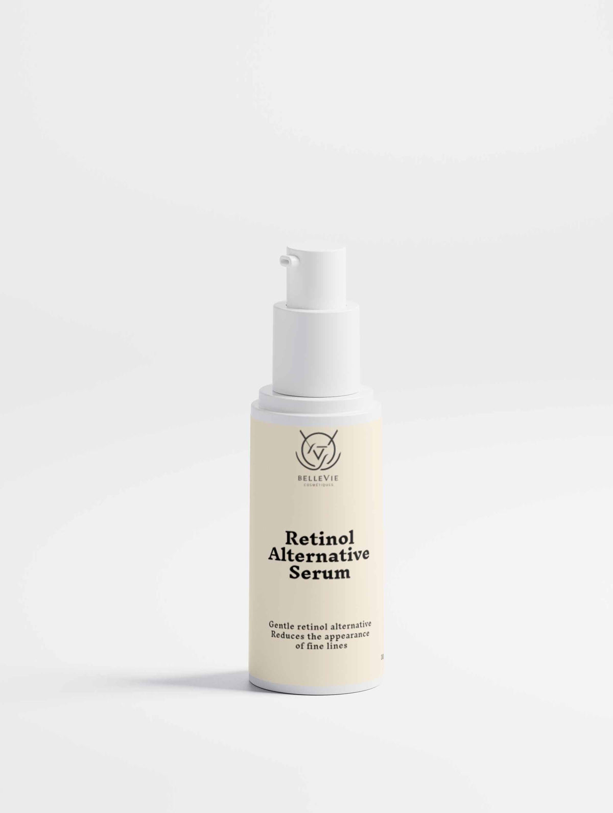 Retinol Alternative Serum in an ivory cylindrical bottle with a white pump, featuring black BelleVie branding and product label