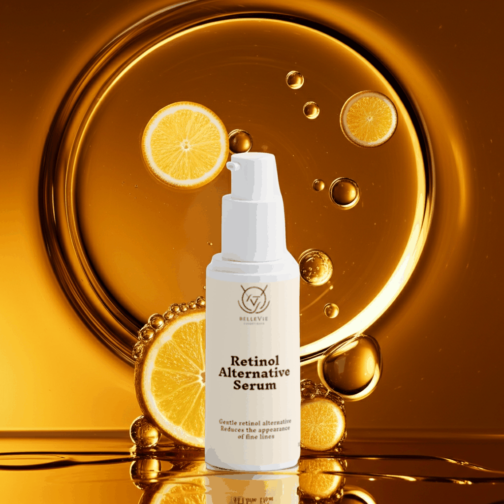 Retinol Alternative Serum in a white pump bottle with a minimalist label, surrounded by golden oil droplets and citrus slices