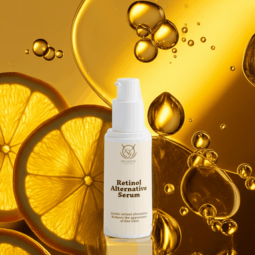 Retinol Alternative Serum in a white pump bottle with gold lettering, shown with citrus slices and golden oil droplets