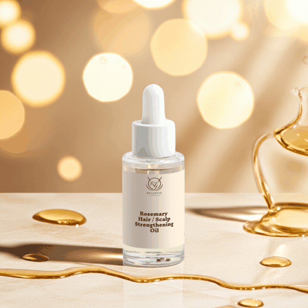 Rosemary Hair & Scalp Strengthening Oil in a clear glass dropper bottle with a white pipette and cream label
