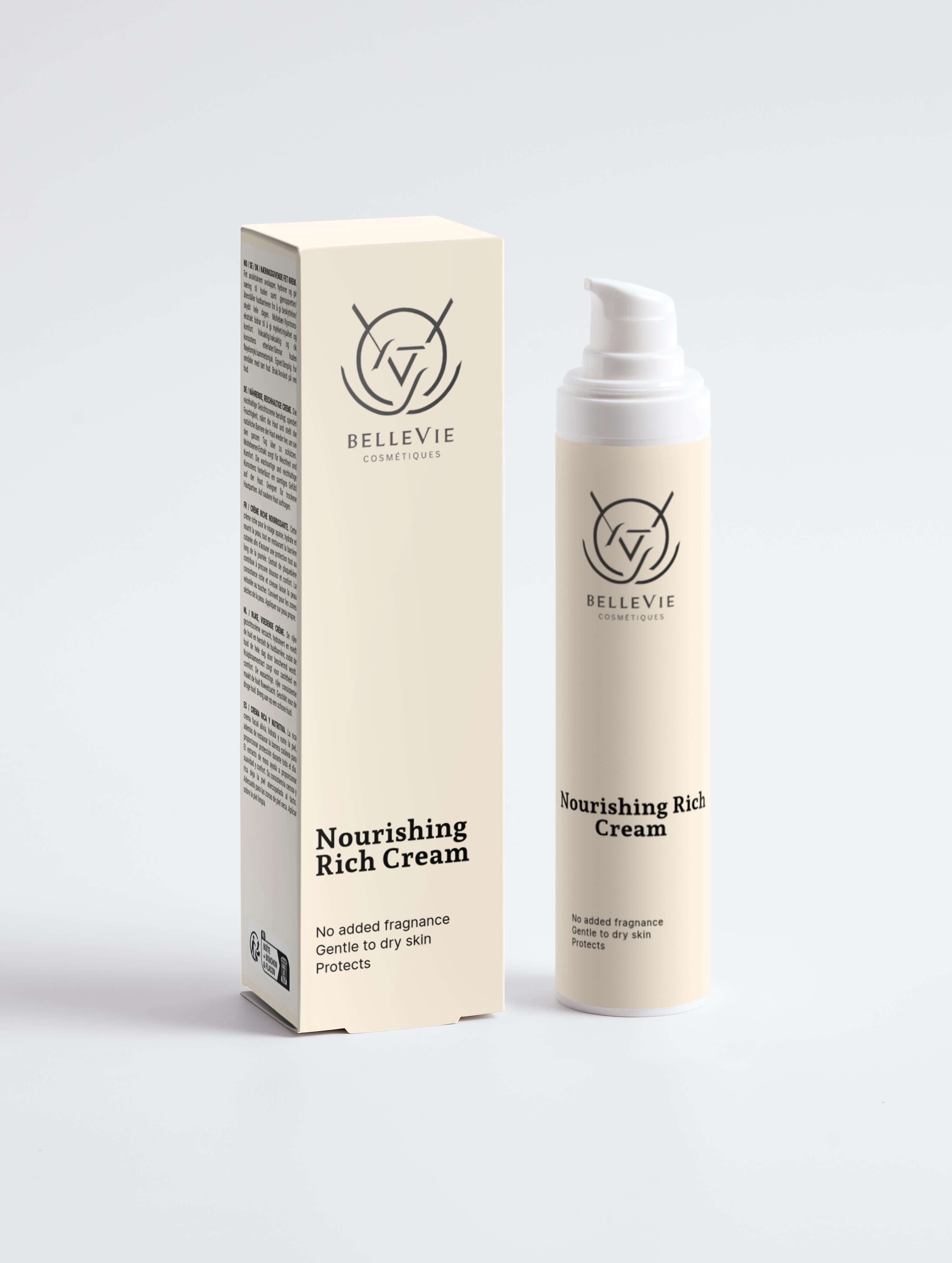 Nourishing Rich Cream in pump bottle with box, designed for deep hydration and skin protection.