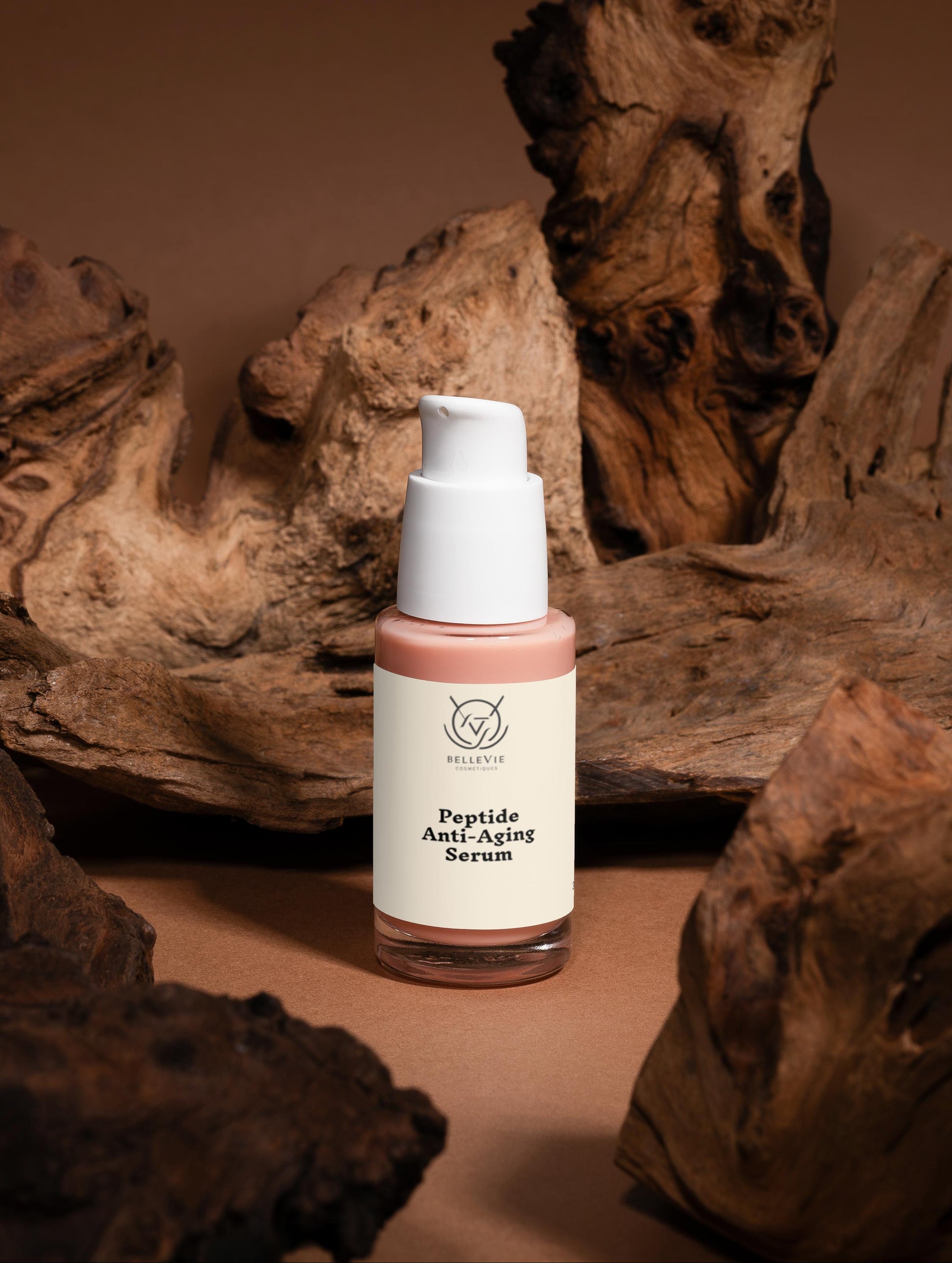 Peptide anti-aging serum bottle on a brown background with natural wood elements
