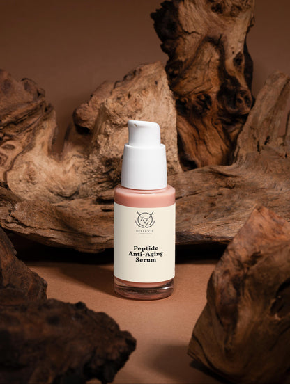 Peptide anti-aging serum bottle on a brown background with natural wood elements