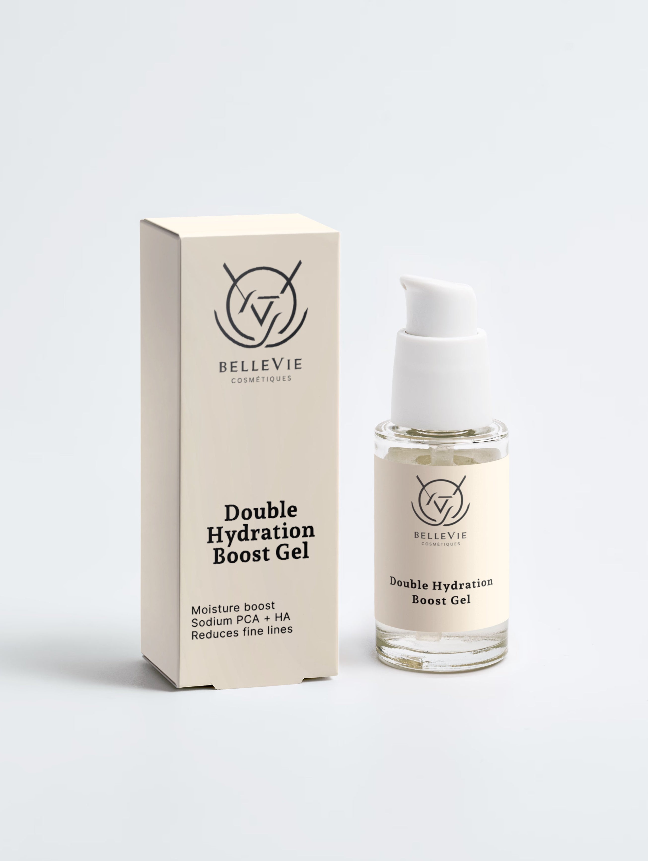 Bellevie Skincare Double Hydration Boost Gel shown with its beige packaging box and clear glass pump bottle on a light gray background.