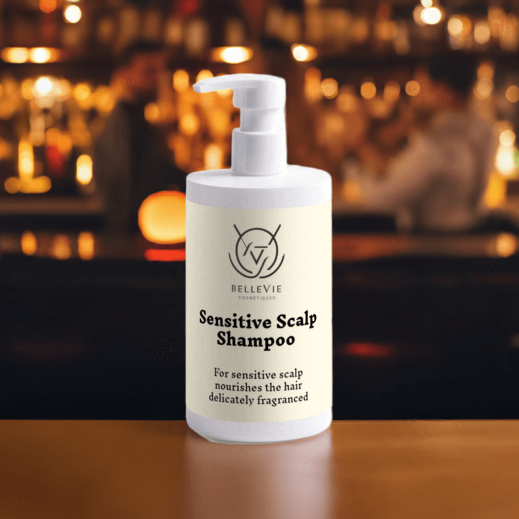 Sensitive Scalp Shampoo 400ml in a white pump bottle with a minimalist label and delicate fragrance details