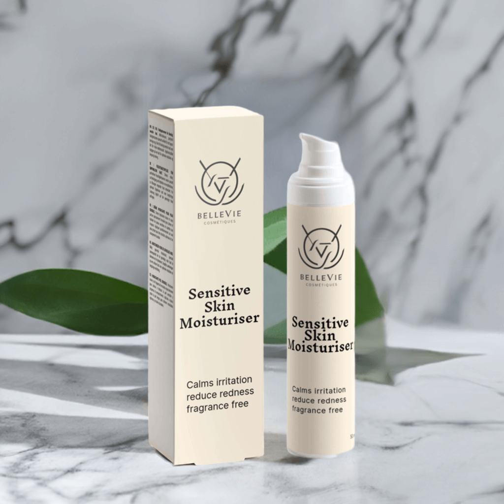 Sensitive Skin Moisturiser 50ml in a cream-coloured pump bottle with matching box, featuring black text and logo