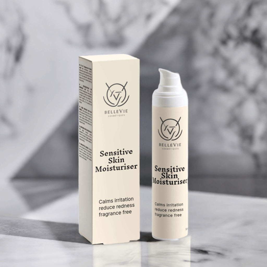 Sensitive Skin Moisturiser 50ml in a cream-coloured pump bottle and matching box with black printed branding and text