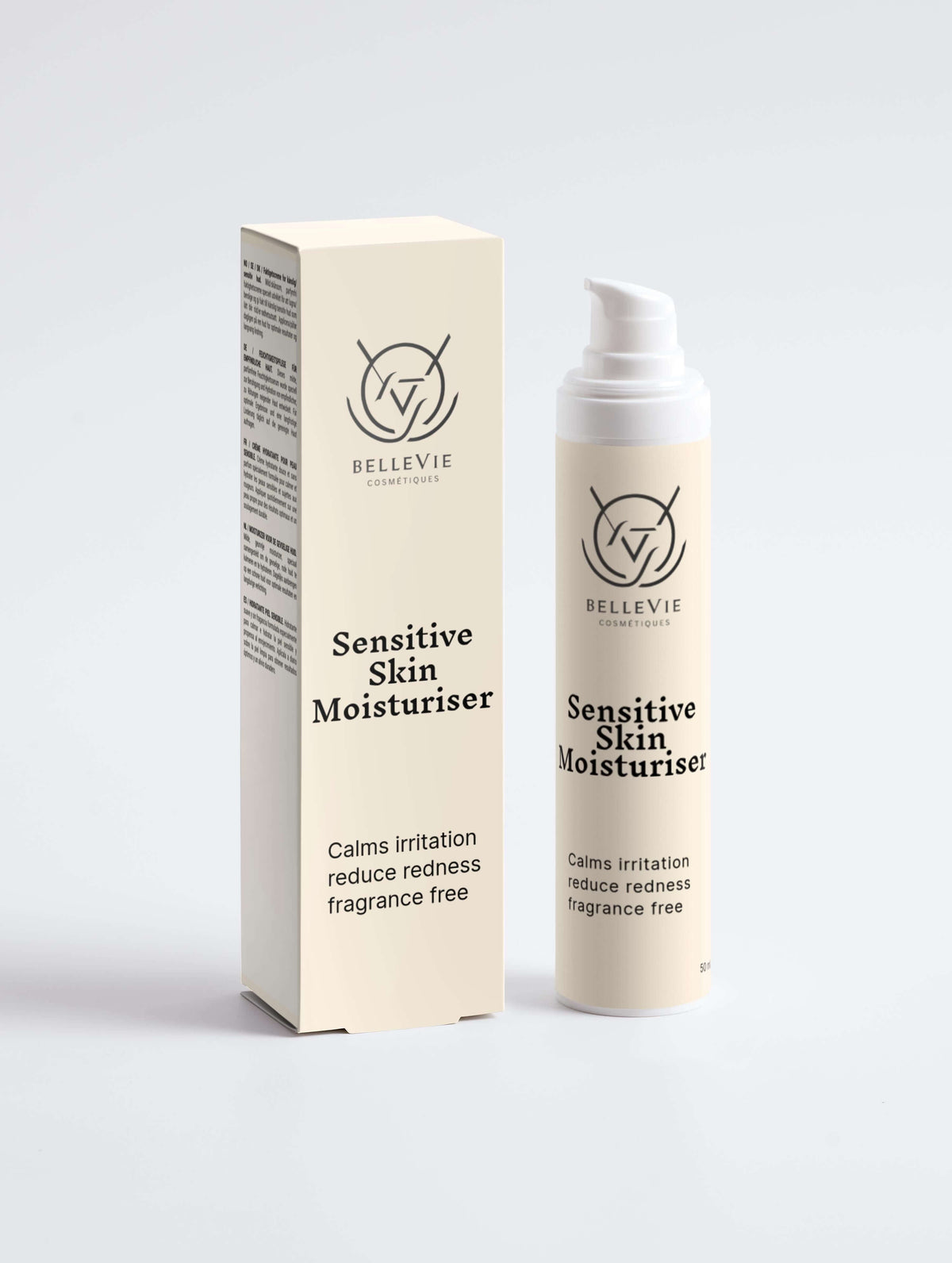 Sensitive Skin Moisturiser 50ml in a cream-coloured pump bottle with matching box and black printed label