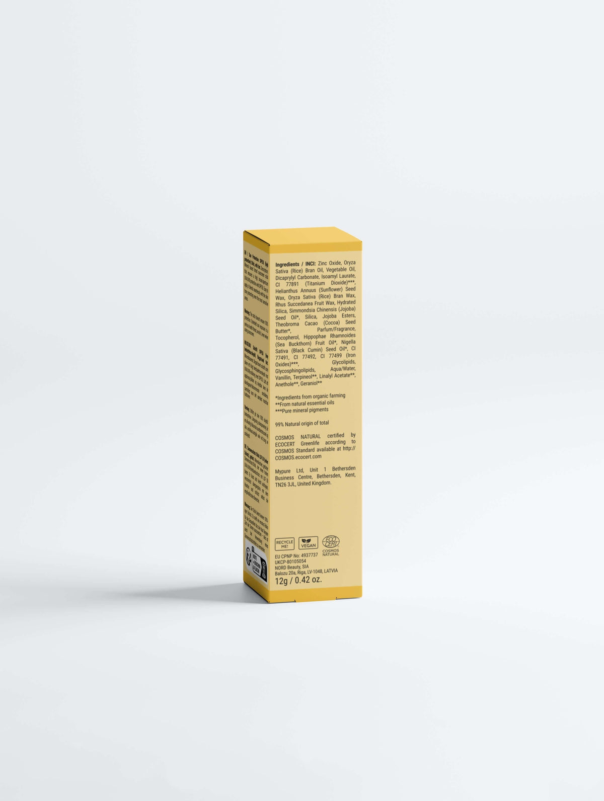 SPF50 Mineral Sunscreen Stick in a slim yellow cardboard box, with dense black product and ingredient text on the side
