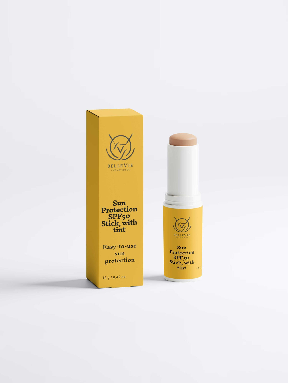 SPF50 Mineral Sunscreen Stick in yellow packaging, with a white twist-up tube and exposed beige tinted balm