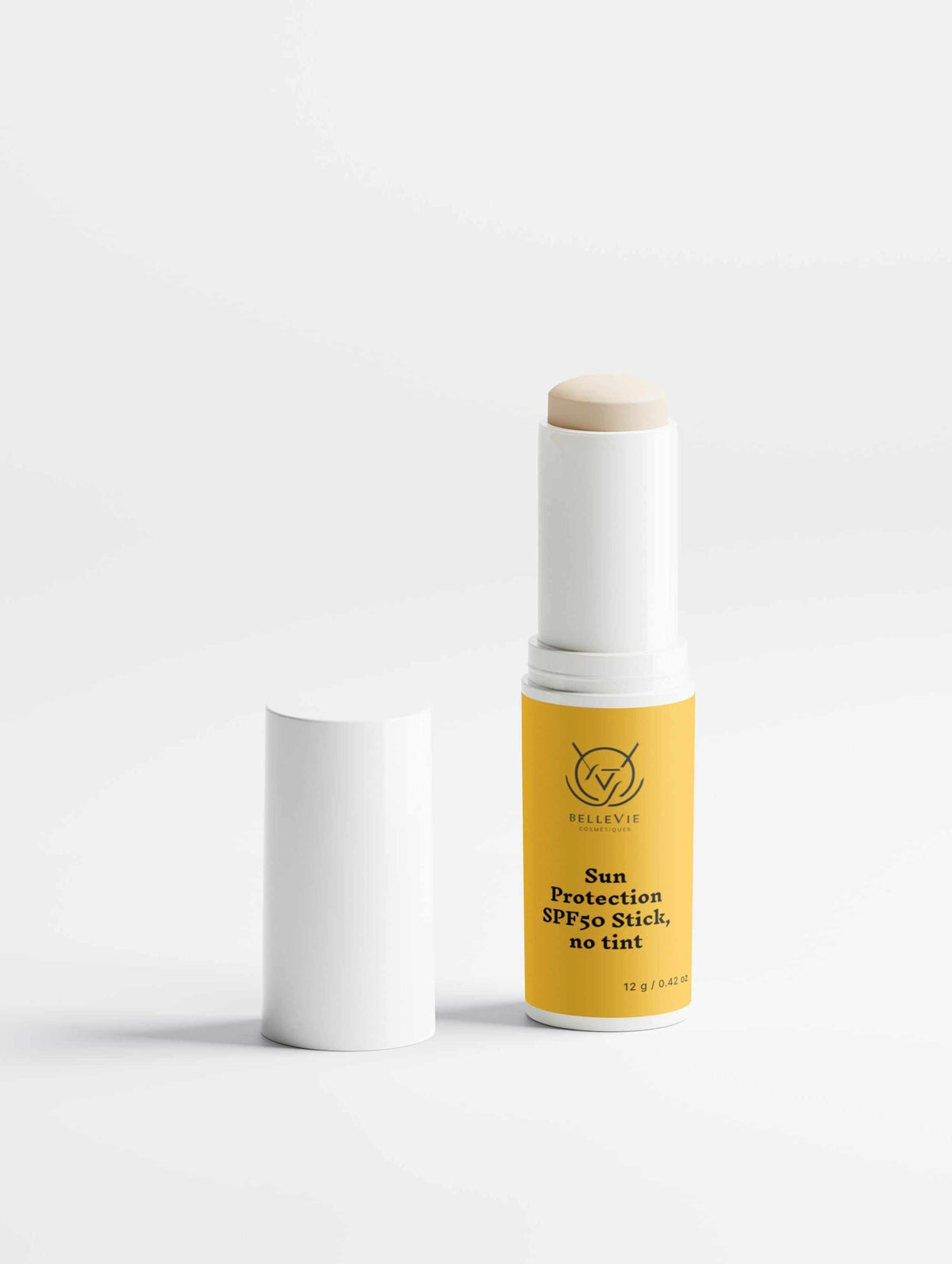 SPF50 Mineral Sunscreen Stick in a yellow label and white tube, with a pale balm tip and matching white cap