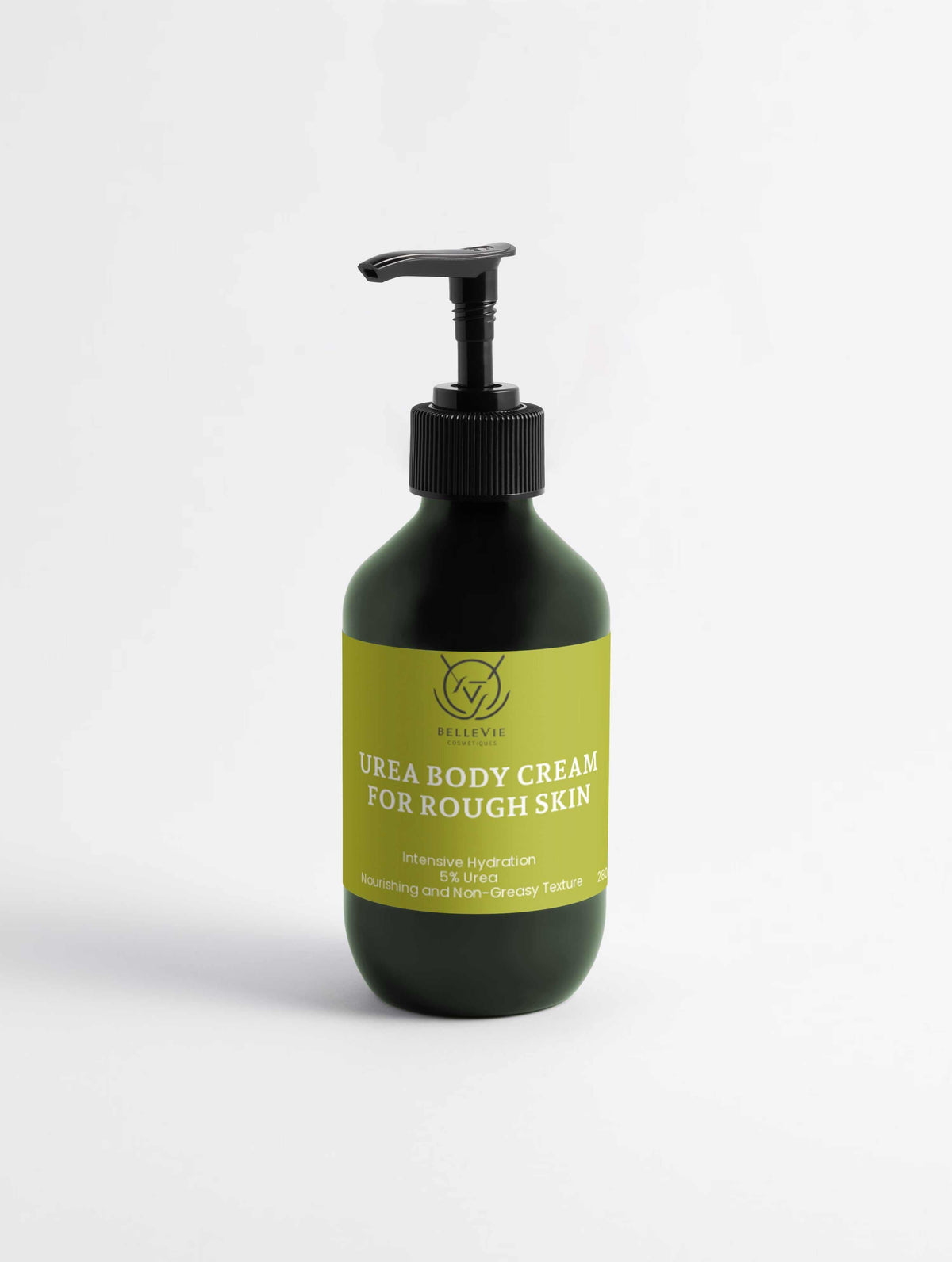 Hydroxyethyl Urea Body Cream in a dark green bottle with a black pump and bright yellow-green label.