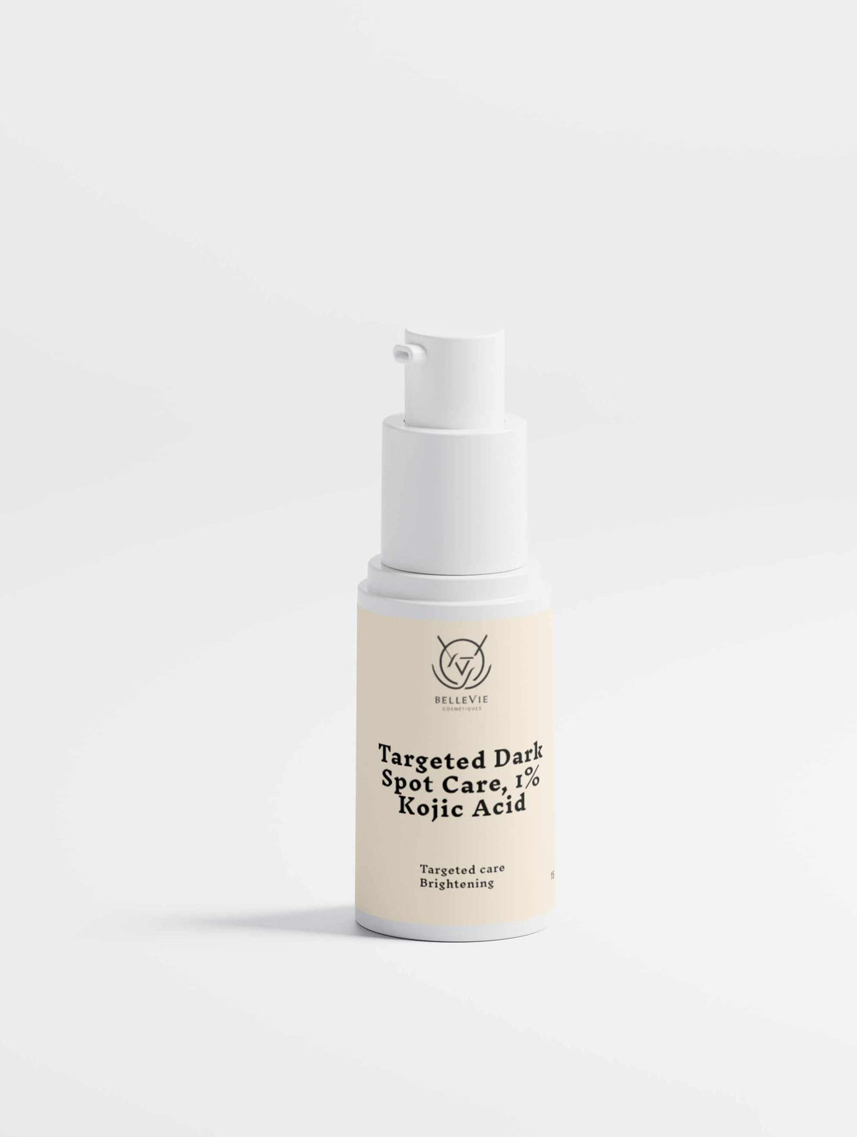 Targeted Dark Spot Care serum in a cream-colored bottle with a white pump dispenser and black label text