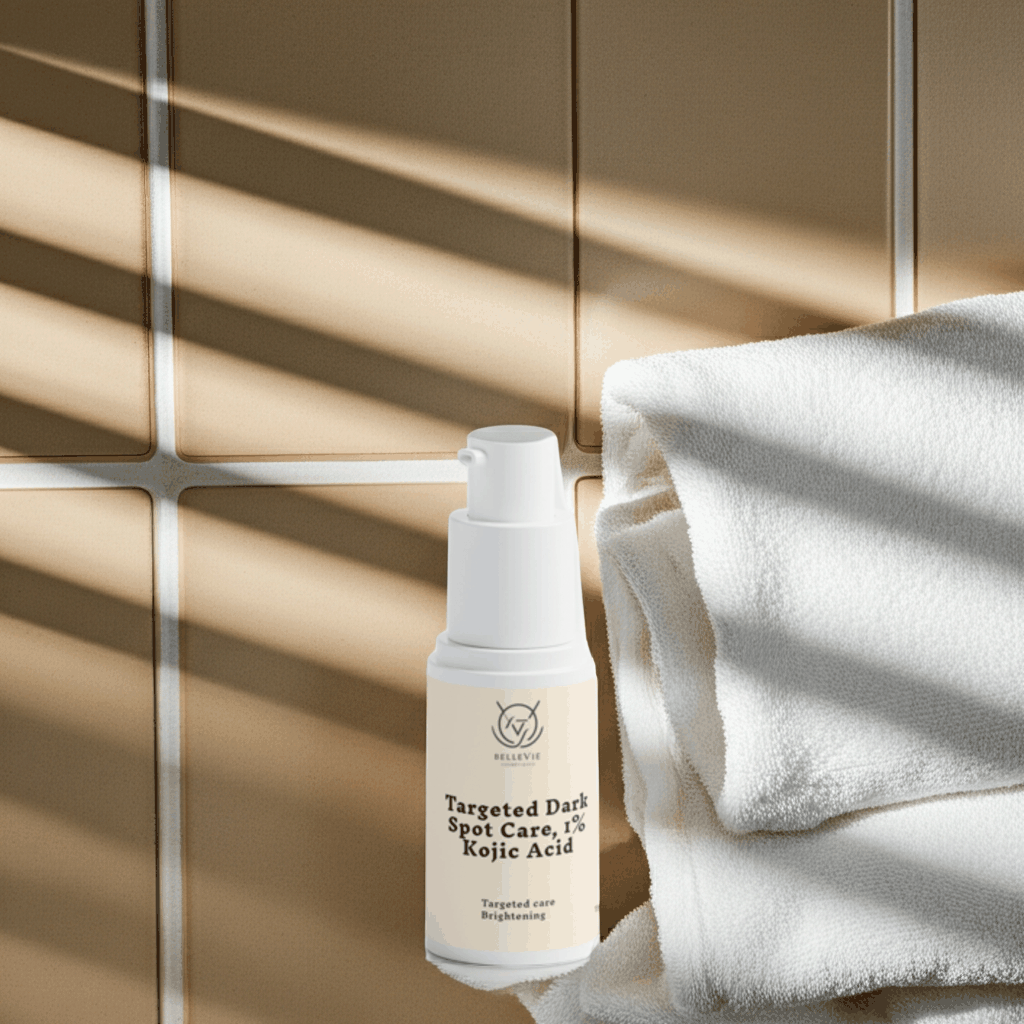Targeted Dark Spot Care in a white pump bottle with a cream label and dark text, featuring 1% kojic acid