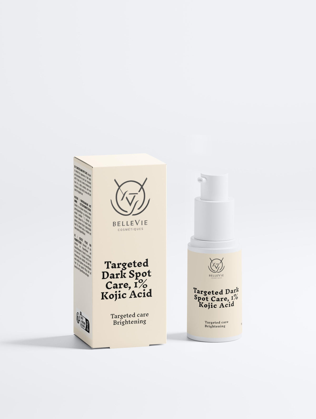 Targeted Dark Spot Care kojic acid serum in a white pump bottle beside a cream carton with black lettering