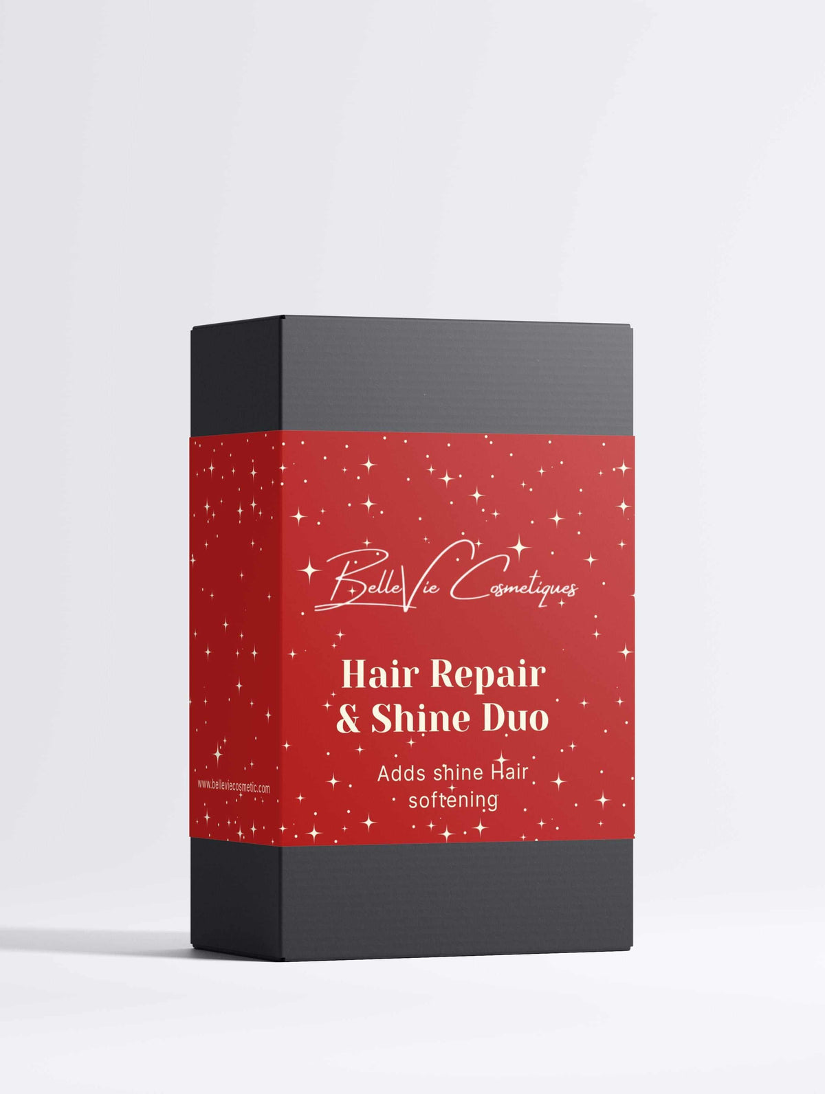 Hair Repair & Shine Duo gift set in a black box with a red, gold-speckled label and white lettering.