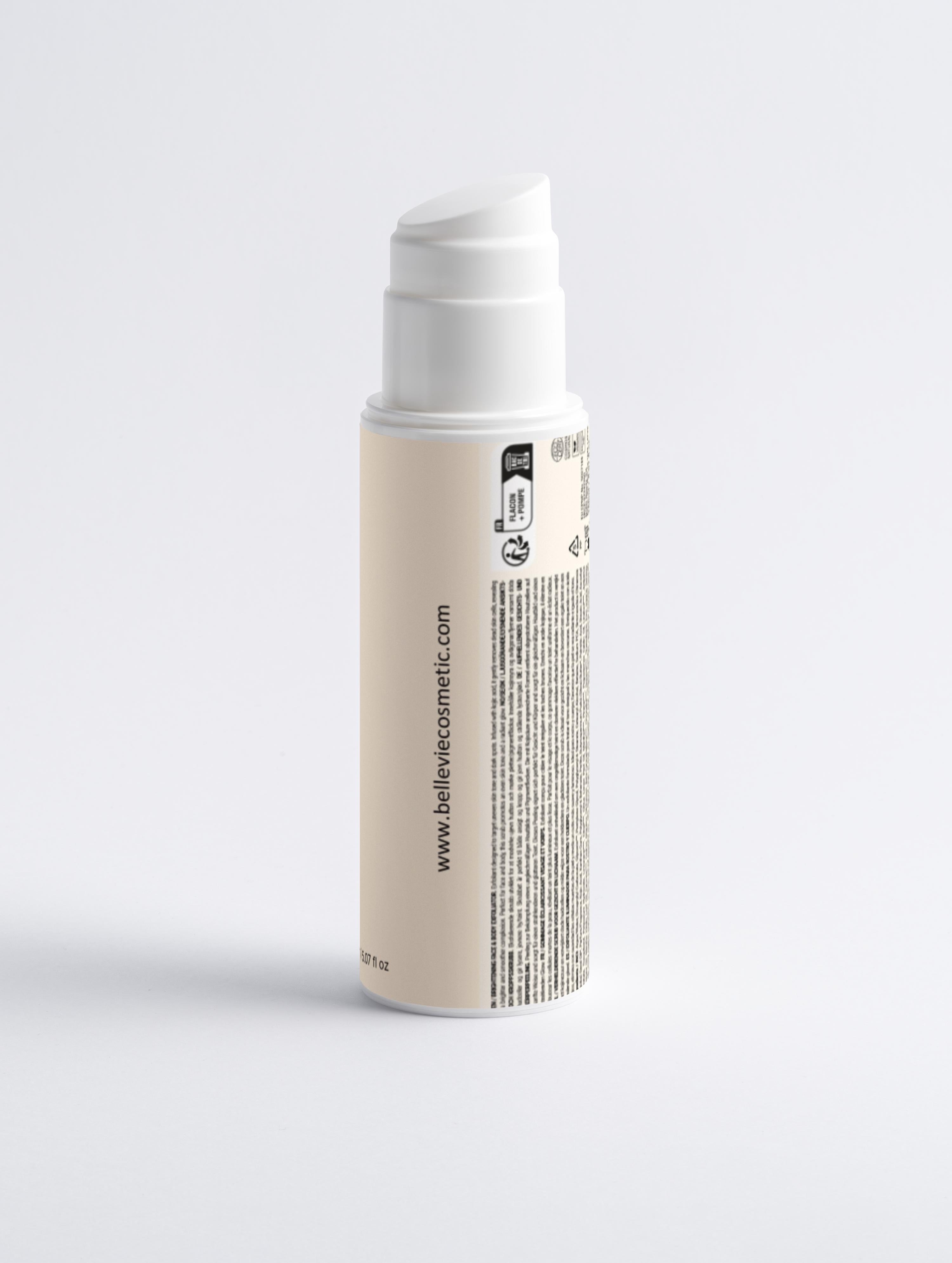 Brightening Face and Body Exfoliator with kojic acid Skincare bottle with beige label and white cap on a light gray background