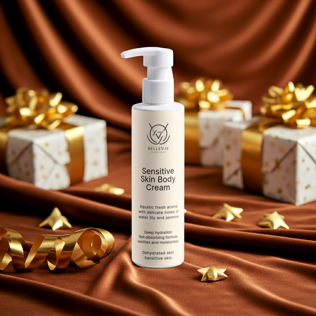 Sensitive Skin Body Cream bottle with decorative gift boxes and ribbons on a brown fabric background