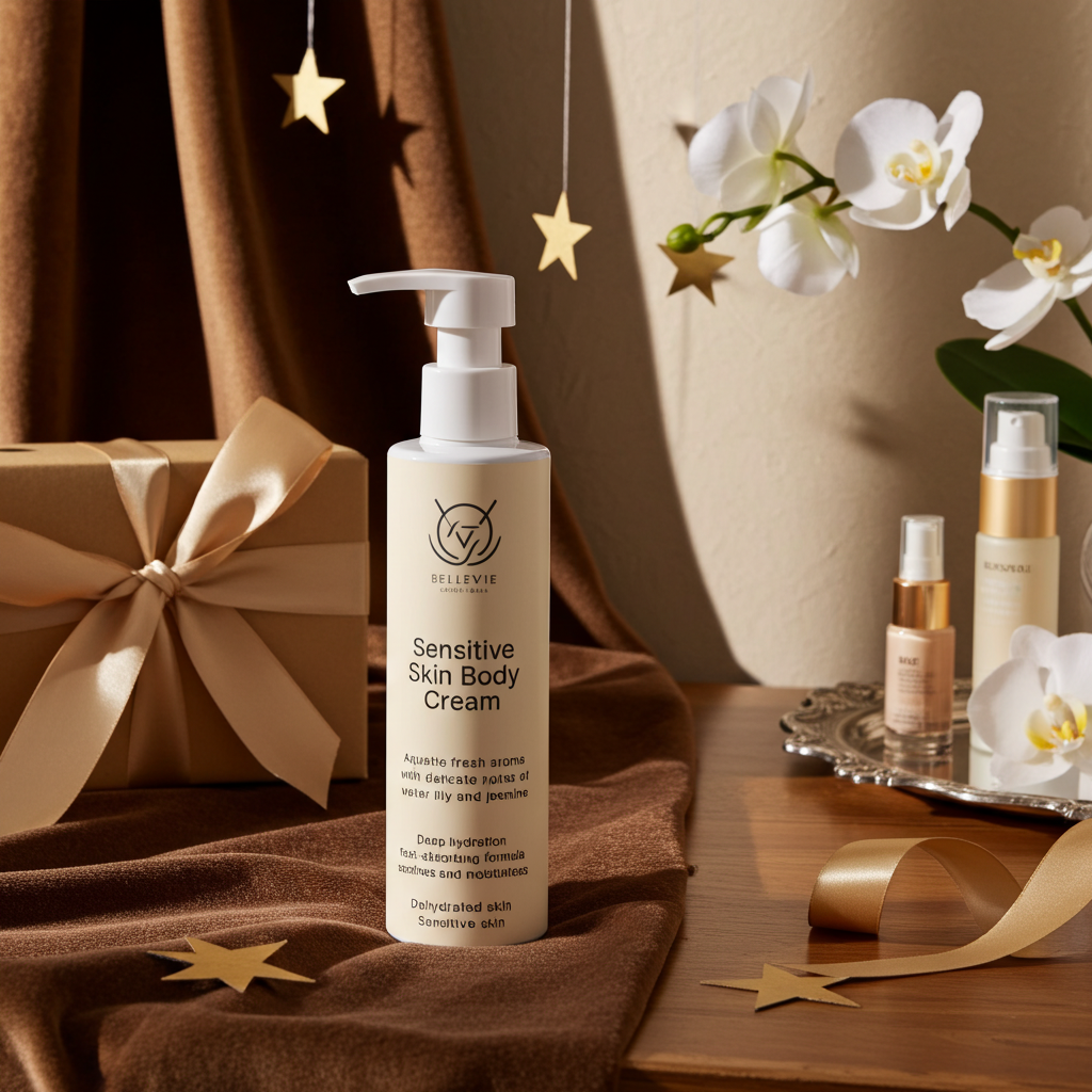 Sensitive Skin Body Cream bottle on a wooden surface with decorative elements