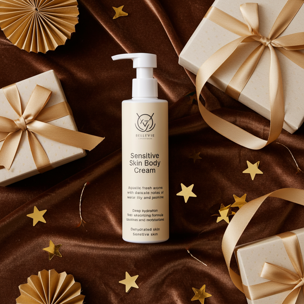 Sensitive Skin Body Cream bottle on a brown fabric background with gift boxes and ribbons.