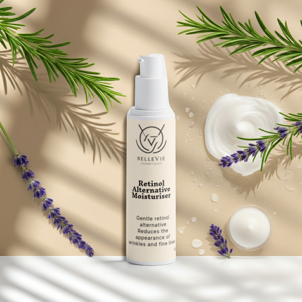Bellevie Retinol Alternative Moisturizer bottle with natural elements on a beige background