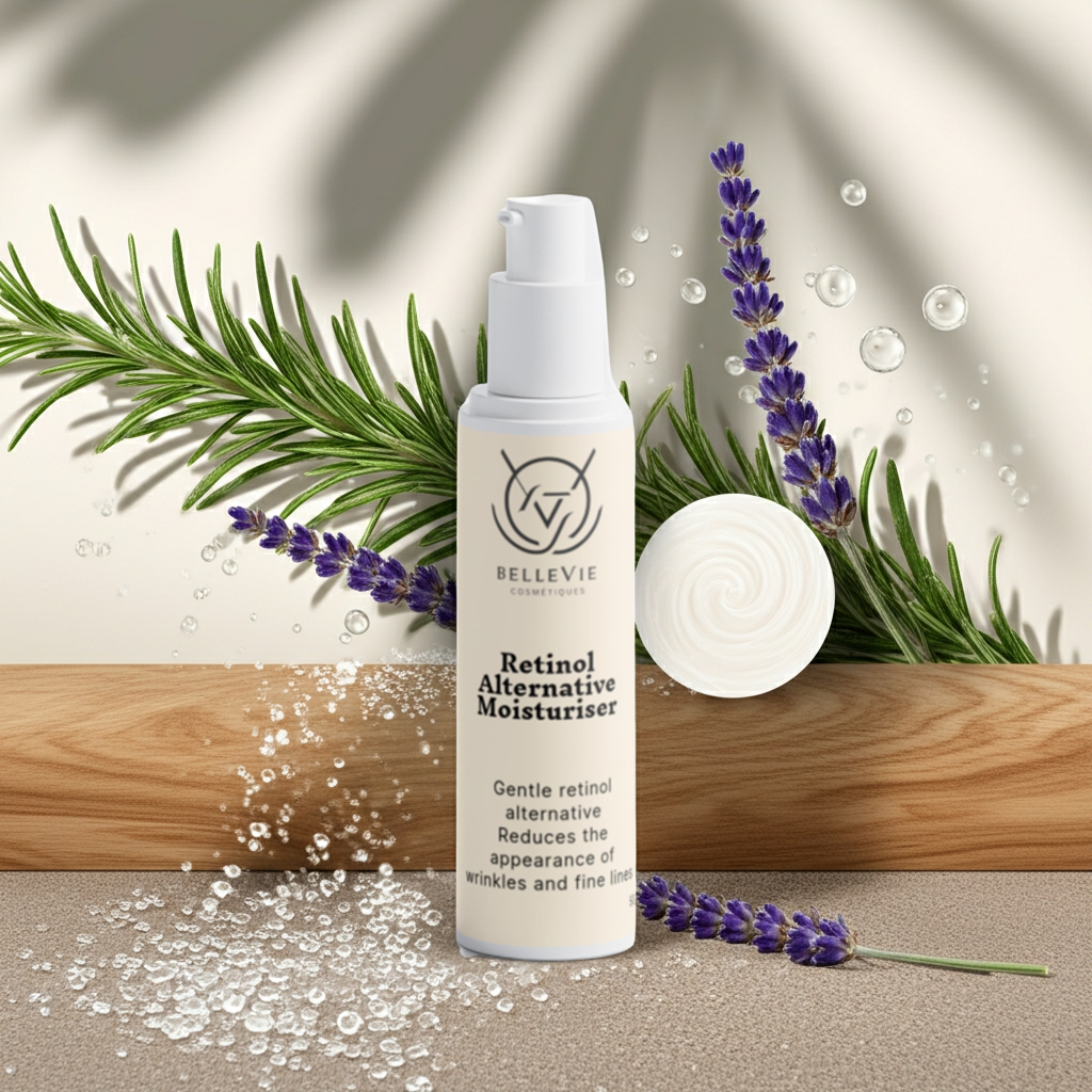 Bellevie Retinol Alternative Moisturizer bottle with lavender and rosemary on a neutral background