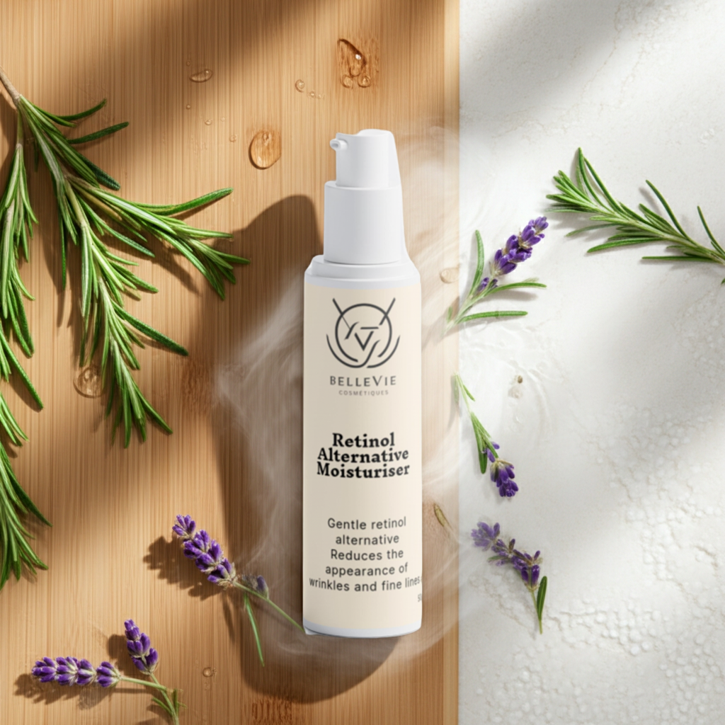 Bellevie Retinol Alternative Moisturizer bottle with lavender and rosemary on a wooden and white background