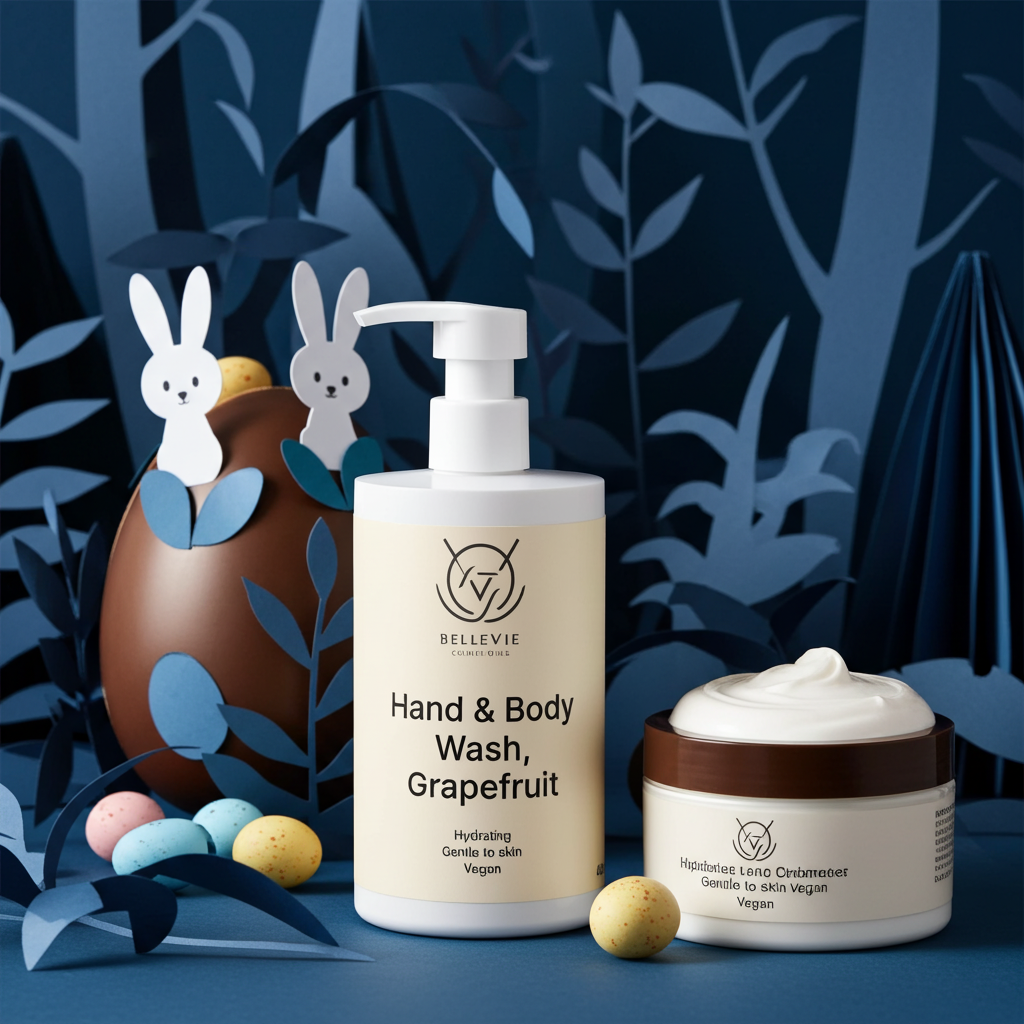 Bellevie hand and body wash grapefruit and cream with Easter-themed decorations on a dark blue background