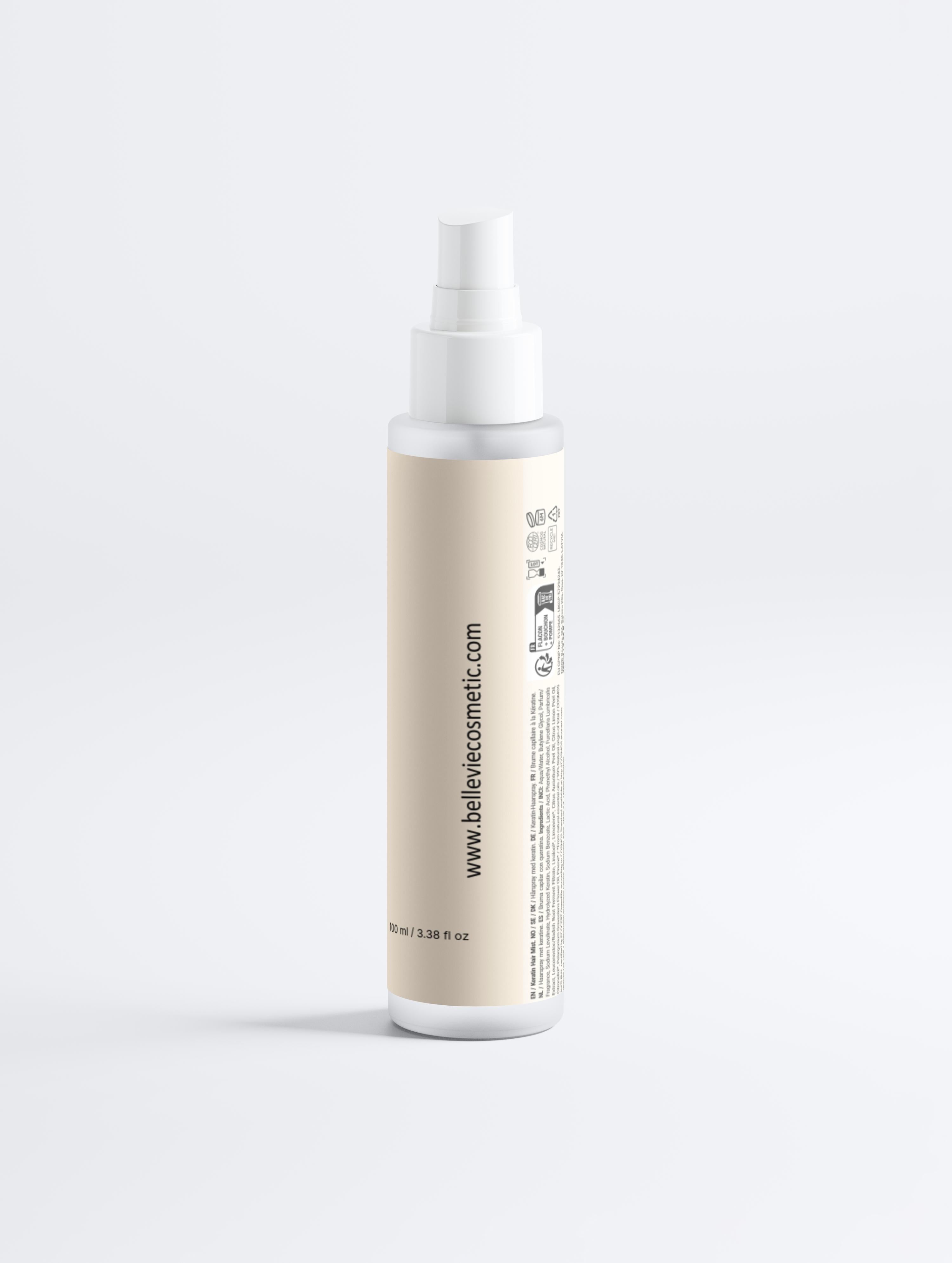 Skincare bottle with beige label on a white background