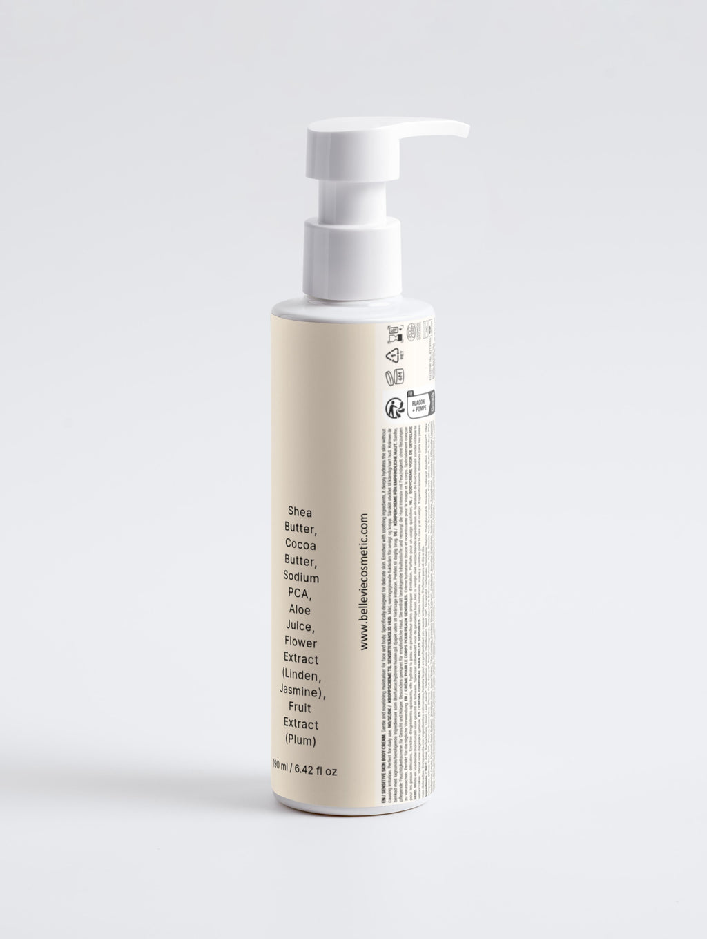 Skincare bottle with pump on a white background showing label